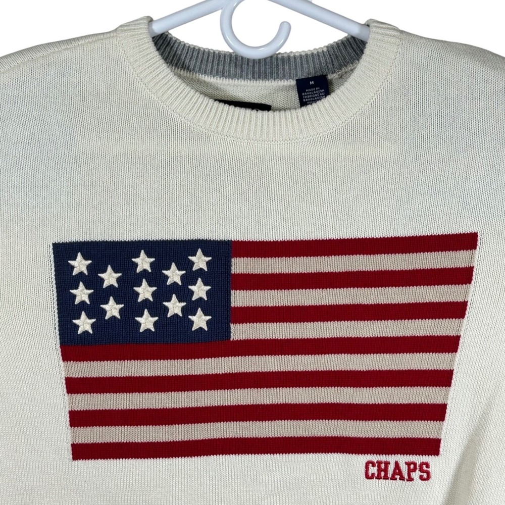 Chaps Mens American Flag Crewneck Sweater Cream Cotton‎ Size XL New Tight Knit
